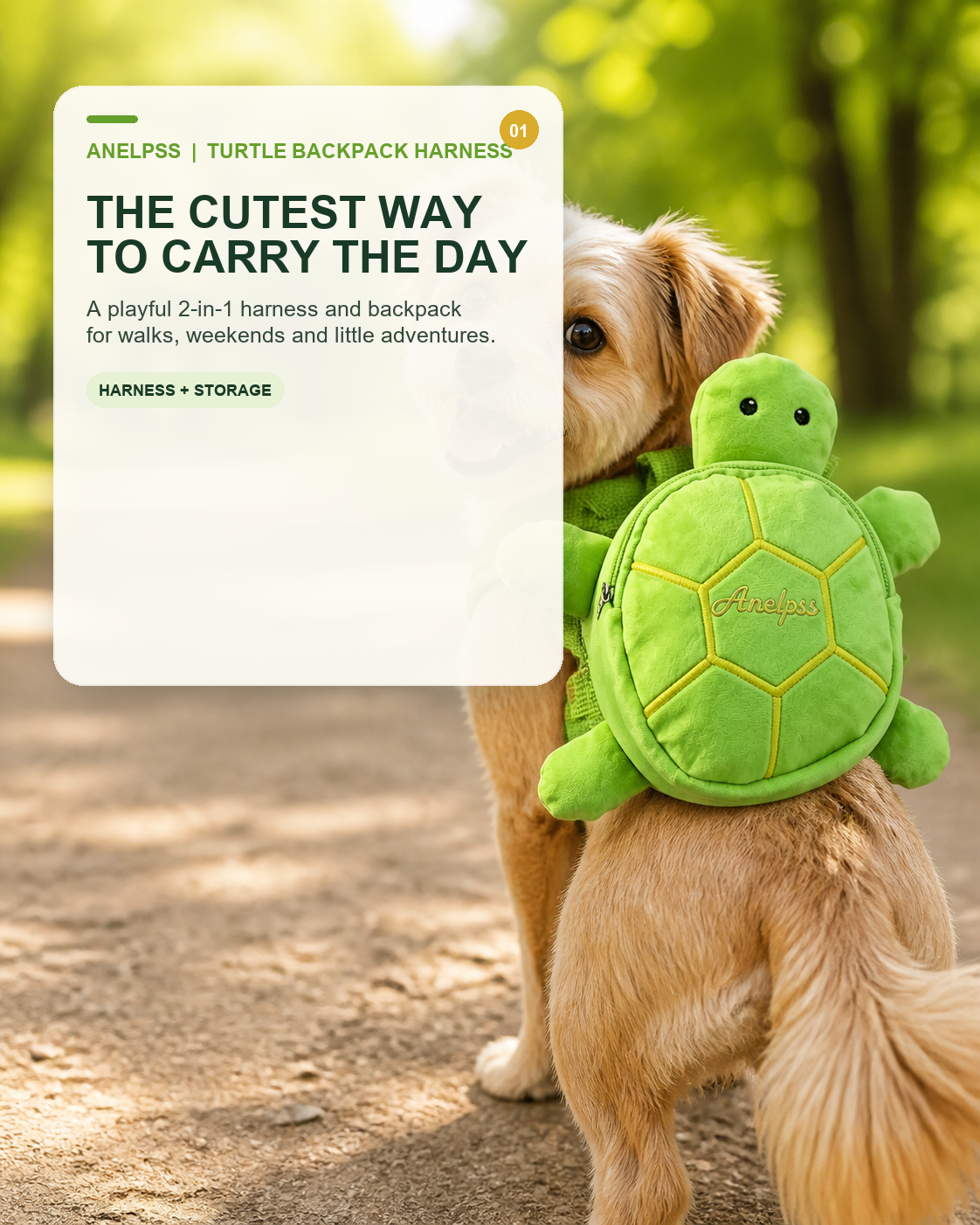 Small dog wearing the ANELPSS turtle backpack harness on a sunny park trail