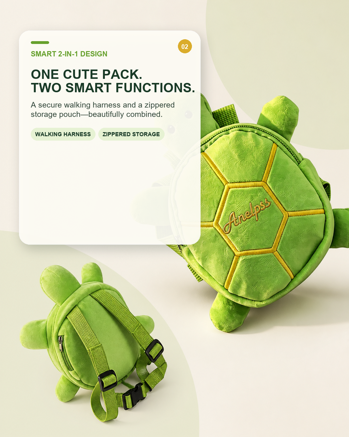 Front and back studio views of the turtle backpack harness