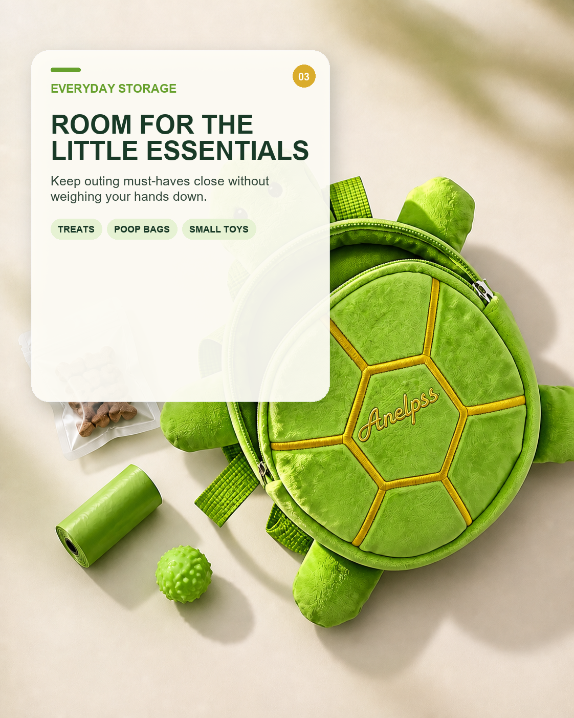 Open turtle backpack with treats, poop bags and a small toy