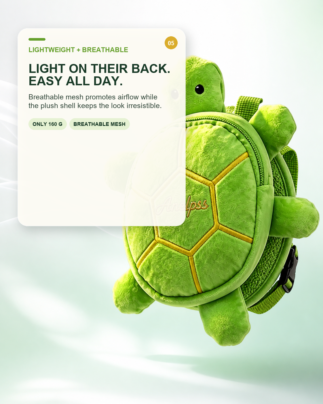 Lightweight turtle backpack showing breathable mesh construction